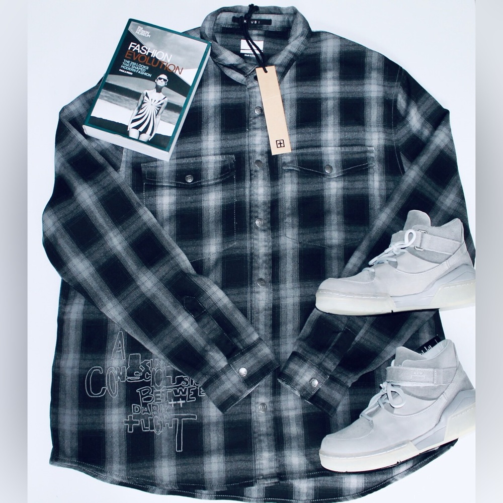 KSUBI Consciousness Long-sleeve Plaid Shirt Grey + Black